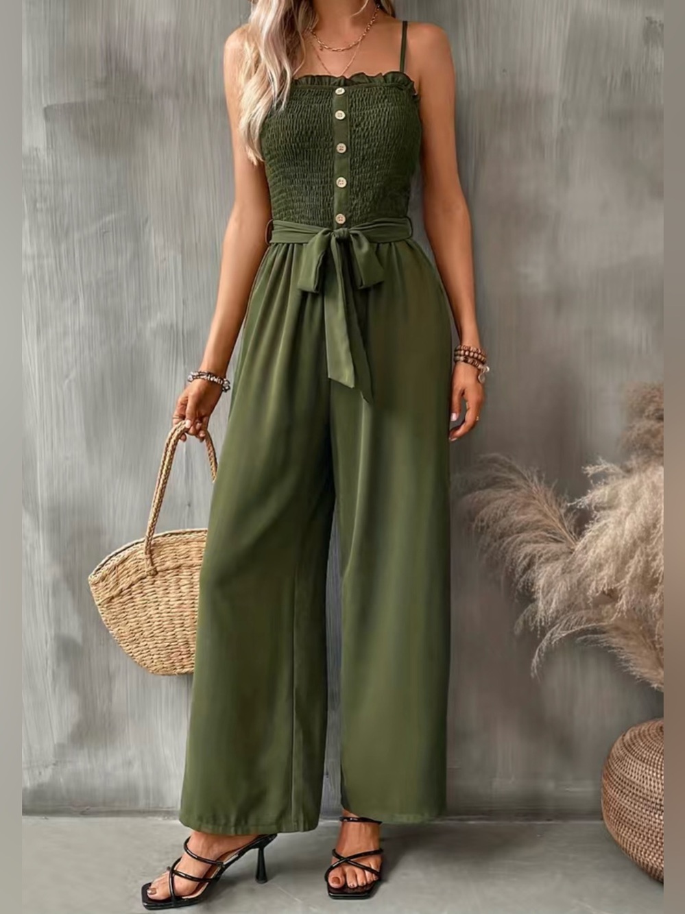 Olive Green Smocked Wide-Leg Jumpsuit with Tie Waist